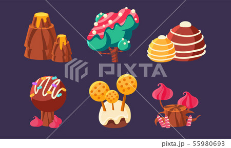 Cute Sweet Candy Trees, Mountain, Mushrooms Set, Fantasy Landscape Elements for Mobile or Video Game 55980693