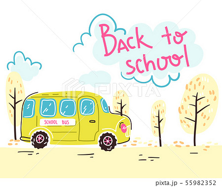 Back to school. Lettering composition with yellow school bus. Vector illustration. 55982352