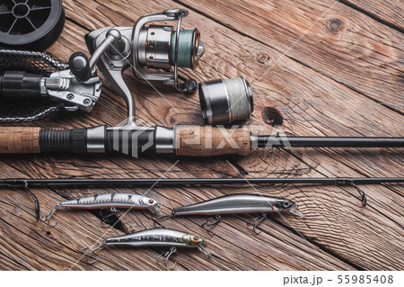 Fishing tackle for catching predatory fish. Wobblers, spinning, reel, fishing line 55985408