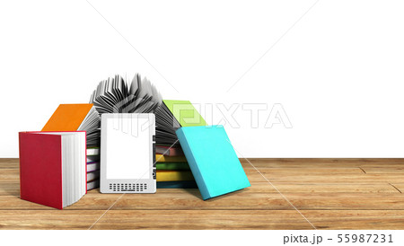 E-book reader Books and tablet on wood 3d 55987231