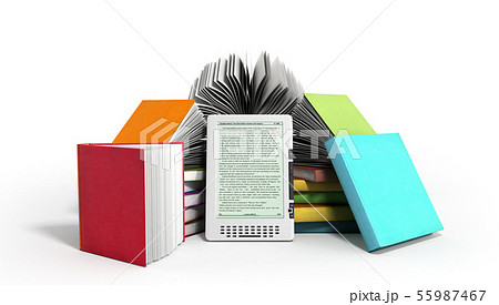 E-book reader Books and tablet 3d render image on 55987467
