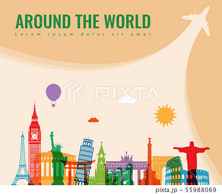Travel composition with famous world landmarks. Travel and Tourism concept. Vector 55988069