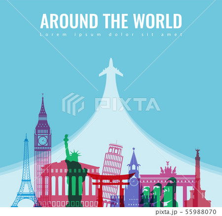 Travel composition with famous world landmarks. Travel and Tourism concept. Vector 55988070