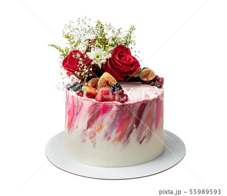 Cream colored abstract cake of berries and flowers. 55989593