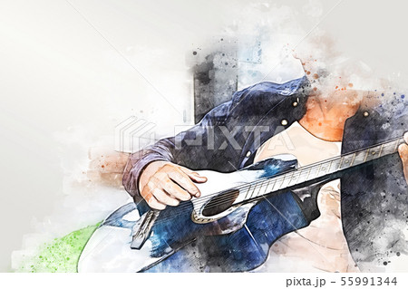 Playing acoustic guitar on watercolor illustration 55991344