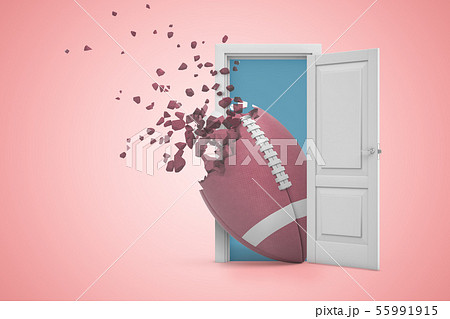 3d rendering of big oval brown ball that has begun to break in little pieces on one end, emerging 55991915