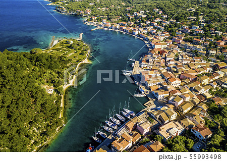 Gaios, capital city of Paxos Island, aerial view. Greece. Gaios, capital city of Paxos Island, aerial view. Greece. 55993498