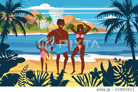 Happy Family on Summer Vacation Beach. Father Mother and Daughter enjoying Beach Vacation walking on 55993911