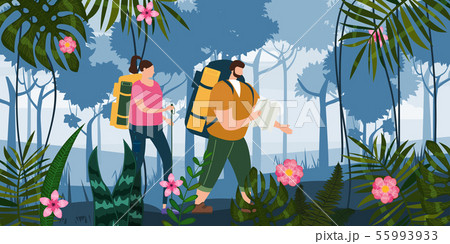Tourists cute couple with map and backpacks performing outdoor touristic activity. Forest trees Tourists cute couple with map and backpacks performing outdoor touristic activity. Forest trees 55993933
