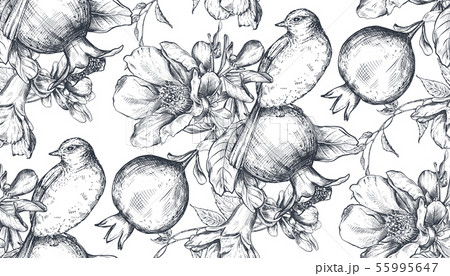 Vector seamless pattern with pomegranate fruits, flowers, branches and birds. 55995647