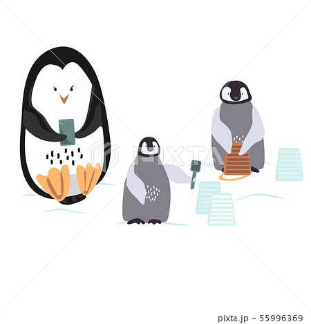 Two cartoon penguins are bulding a snowcastle with bucket and trowel and their mom looking in the Two cartoon penguins are bulding a snowcastle with bucket and trowel and their mom looking in the 55996369
