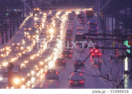 Defocused photo of nigh traffic jam on the highway Defocused photo of nigh traffic jam on the highway 55996658