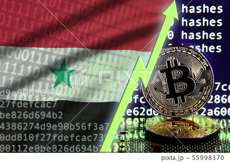 Syria flag and rising green arrow on bitcoin 55998370