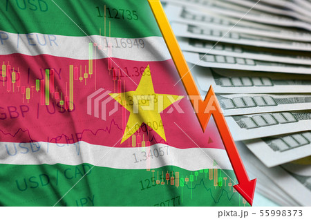 Suriname flag and chart falling US dollar position Suriname flag and chart falling US dollar position 55998373