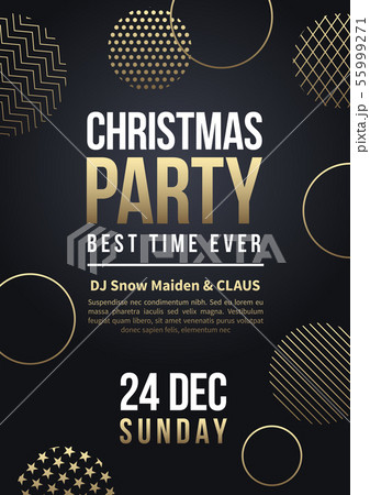Christmas party flyer or poster. Vector winter holiday greeting card with golden xmas balls Christmas party flyer or poster. Vector winter holiday greeting card with golden xmas balls 55999271