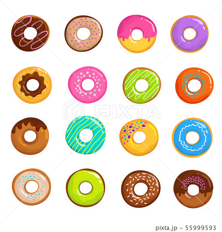 Cartoon glazed sweet donut isolated vector set 55999593