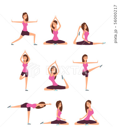 Young woman making yoga exercises and meditation. Fitness girl in training asana postures vector set 56000217
