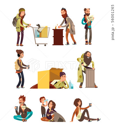 Hungry dirty homeless people. Adult woman and man begging money vector characters set Hungry dirty homeless people. Adult woman and man begging money vector characters set 56001265