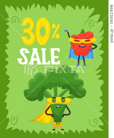 Funny vegetables hero and sale, superhero characters in capes and masks, flat style cartoon vector 56002998