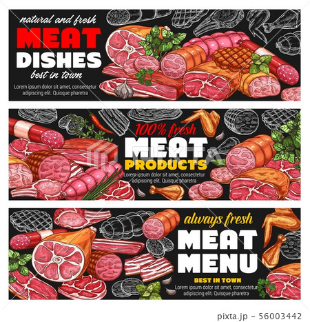 Meat sausages, ham, bacon, salami. Menu blackboard 56003442
