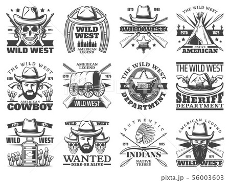 Wild West Icons Of Cowboy Skull Sheriff Banditのイラスト素材