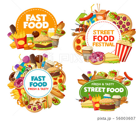 Fast food icons of pizza, hamburger, soda, fries 56003607