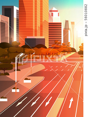 highway asphalt road with marking arrows traffic signs city skyline modern skyscrapers cityscape 56010882