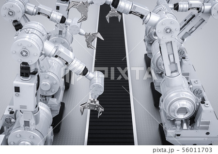 robotic arms with empty conveyor belt 56011703