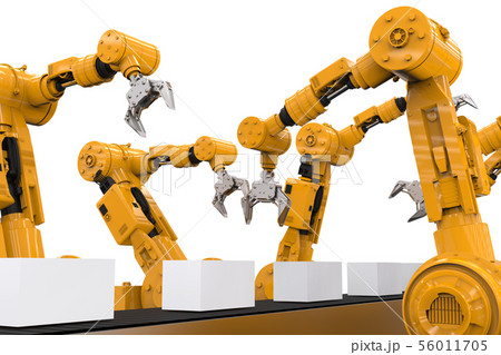 robotic arms with boxes on conveyor belt 56011705