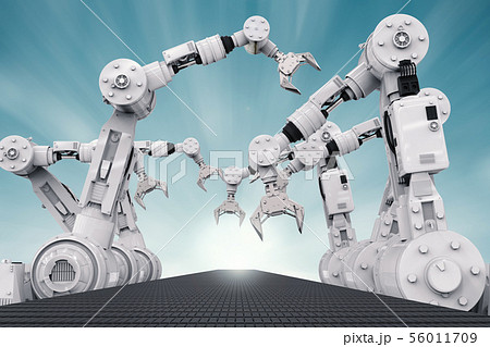 robotic arms with empty conveyor belt 56011709