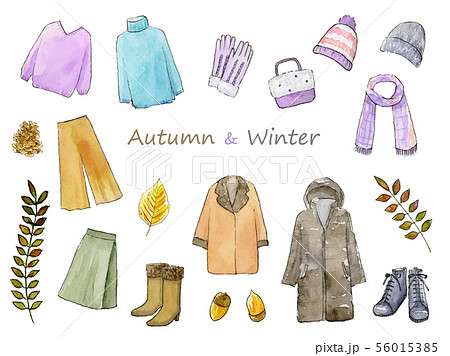 レディース秋冬ファッションの手描き水彩イラストセット　ベクター 56015385