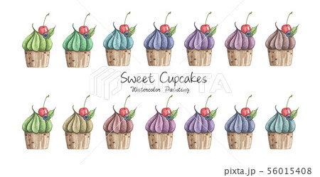 Watercolor cupcake with cherry and blueberry. 56015408