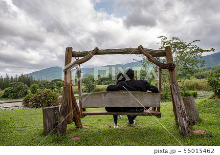 Young couple sitting on wood swing in national Young couple sitting on wood swing in national 56015462