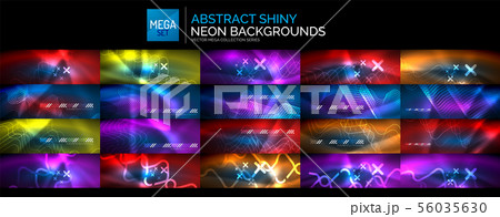 Mega set of blue color neon light abstract backgrounds. Lines, waves, shiny elements on dark black Mega set of blue color neon light abstract backgrounds. Lines, waves, shiny elements on dark black 56035630