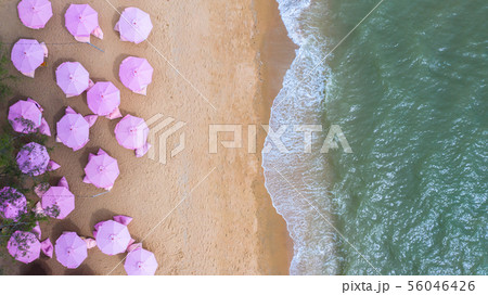 Aerial top view on the sandy beach. Pink Aerial top view on the sandy beach. Pink 56046426