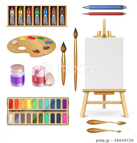 Artistic tools and art supplies with easel, palette paints brush and color pencil isolated vector 56049726