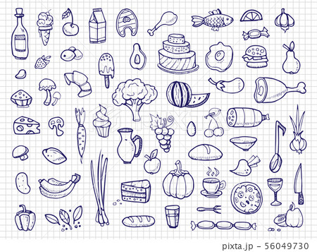 Hand drawn food, vegetables, drinks, snacks, fast food doodle vector icons 56049730