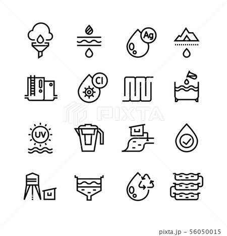 Effluent water treatment. Water purification linear vector icons 56050015
