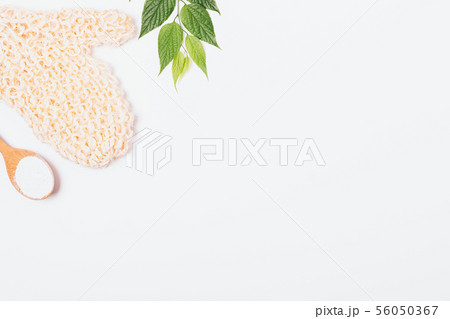 Flat lay composition of body massage mitten 56050367