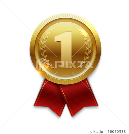 Winner gold medal with red ribbons isolated on white background 56050538
