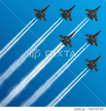 Military fighter jets with condensation trails in sky vector illustration 56050539