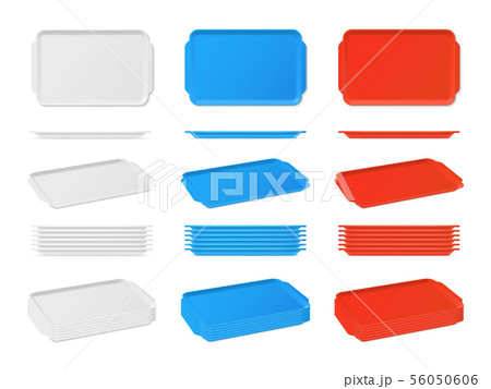 Realistic plastic blank food tray with handles. Rectangular kitchen salvers 56050606