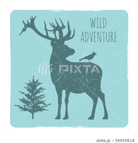 Wild forest adventures emblem with deer and bird silhouette Wild forest adventures emblem with deer and bird silhouette 56050618