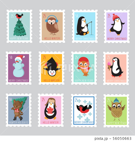 Christmas santa postage stamps for greeting card. Vector set 56050663