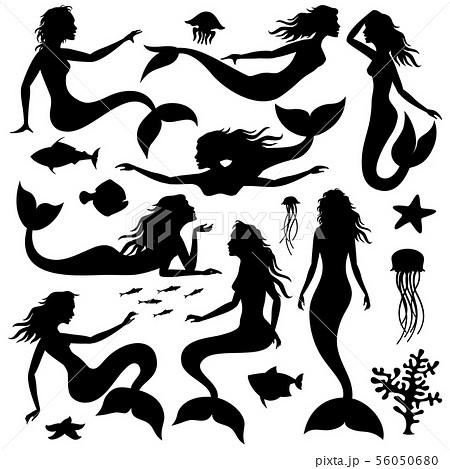 Swimming Underwater Mermaid Black Vector Stock Illustration