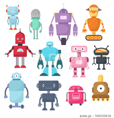 Cute cartoon robots, android and spaceman cyborg isolated vector set 56050816