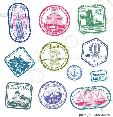Vintage passport travel vector stamps with international symbols and famous trademark Vintage passport travel vector stamps with international symbols and famous trademark 56050820