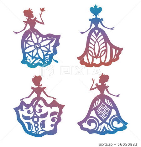 Colorful Princess Silhouette In Lacy Dressesのイラスト素材