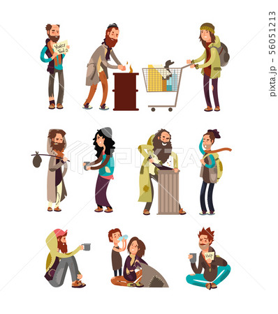 Poor unhappy homeless cartoon people needing financial help. Vector characters set Poor unhappy homeless cartoon people needing financial help. Vector characters set 56051213