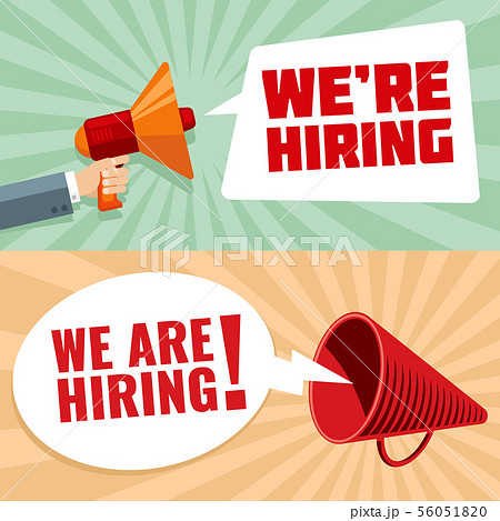 Businessman hand holding megaphone with were hiring text in bubble. Recruitment vector concept Businessman hand holding megaphone with were hiring text in bubble. Recruitment vector concept 56051820